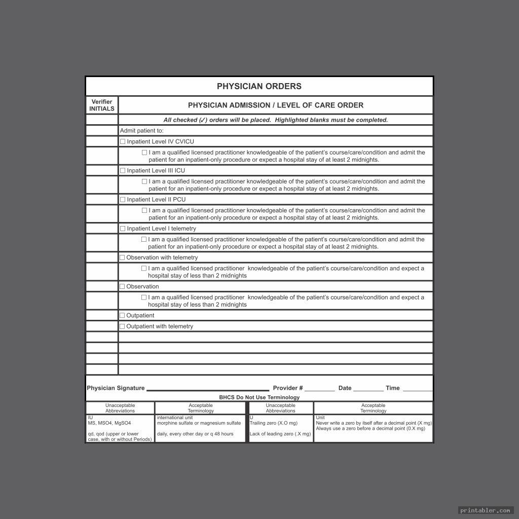 Blank Physician Order Sheet Printable Gridgit