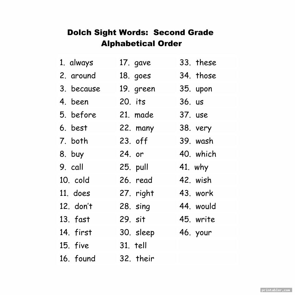 dolch sight words second grade