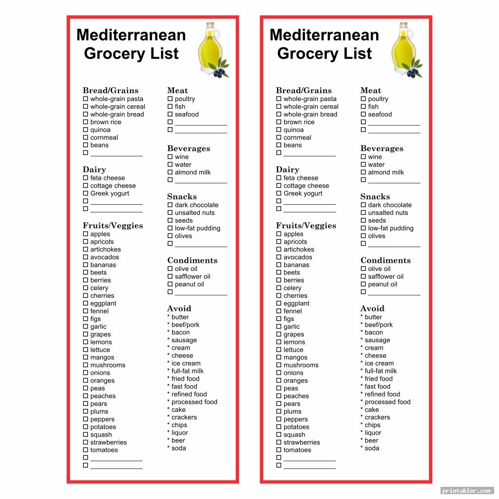 Printable Mediterranean Diet Food List