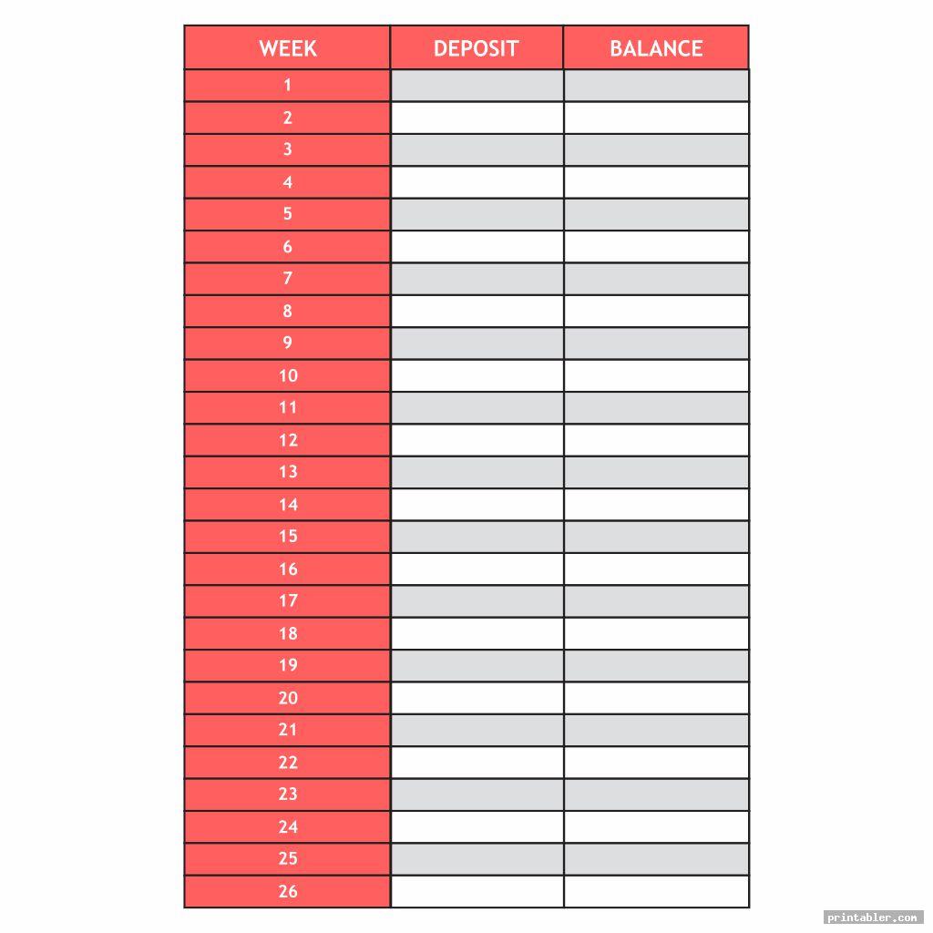 blank 26 week money challenge chart printable