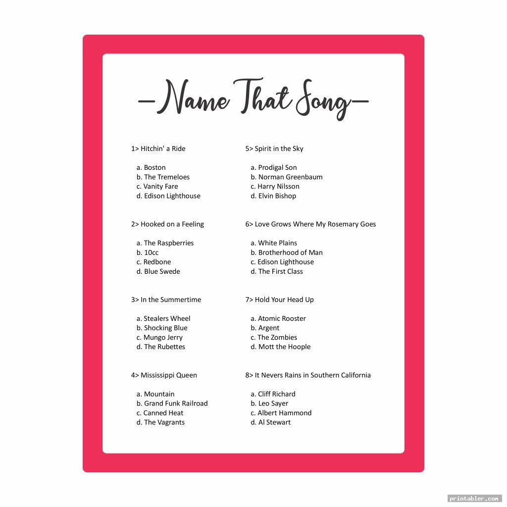 Name That Song Games Printable Gridgit