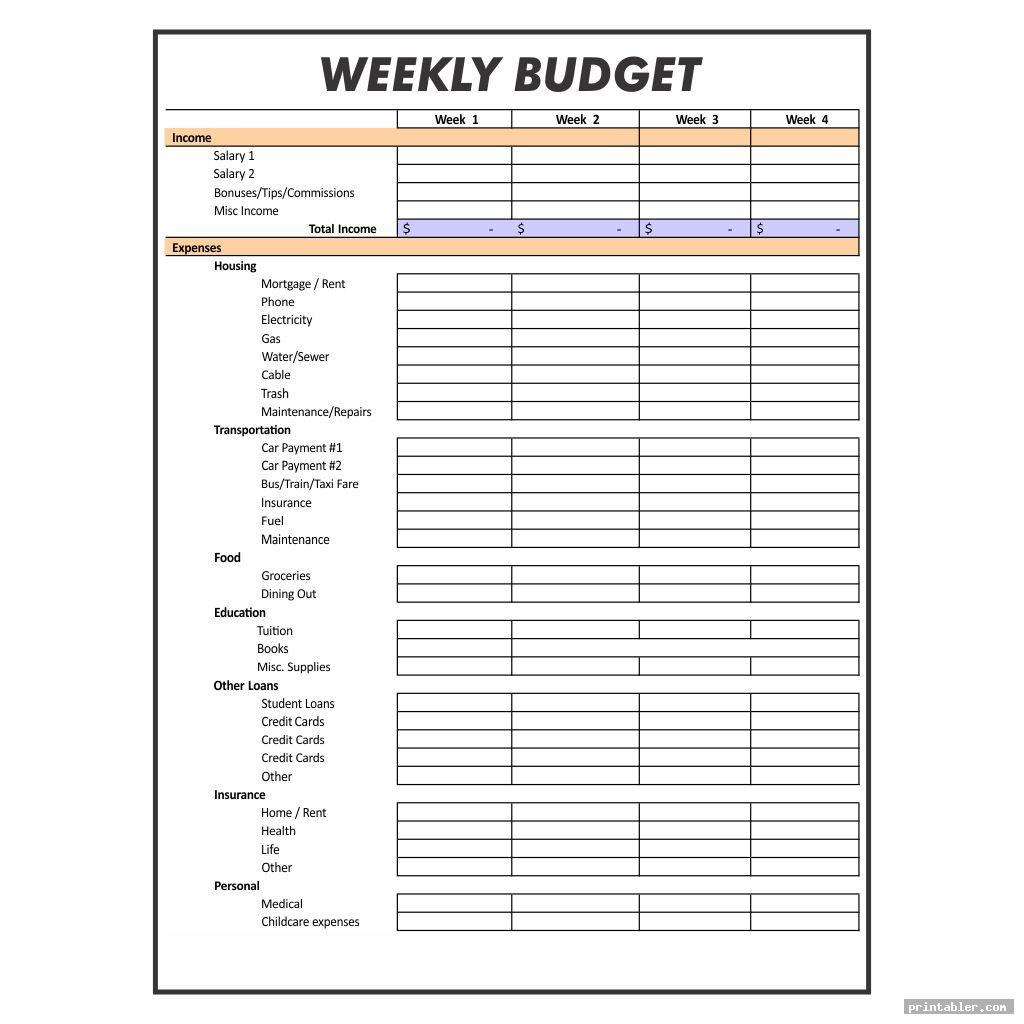 Weekly Budget Worksheet Printable